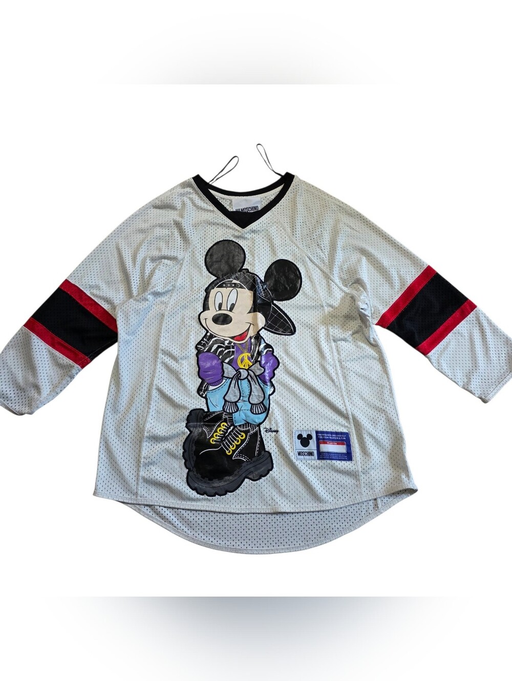 Moschino White Mesh Long-Sleeve Mickey Graphic Jersey with Black & Red Accents